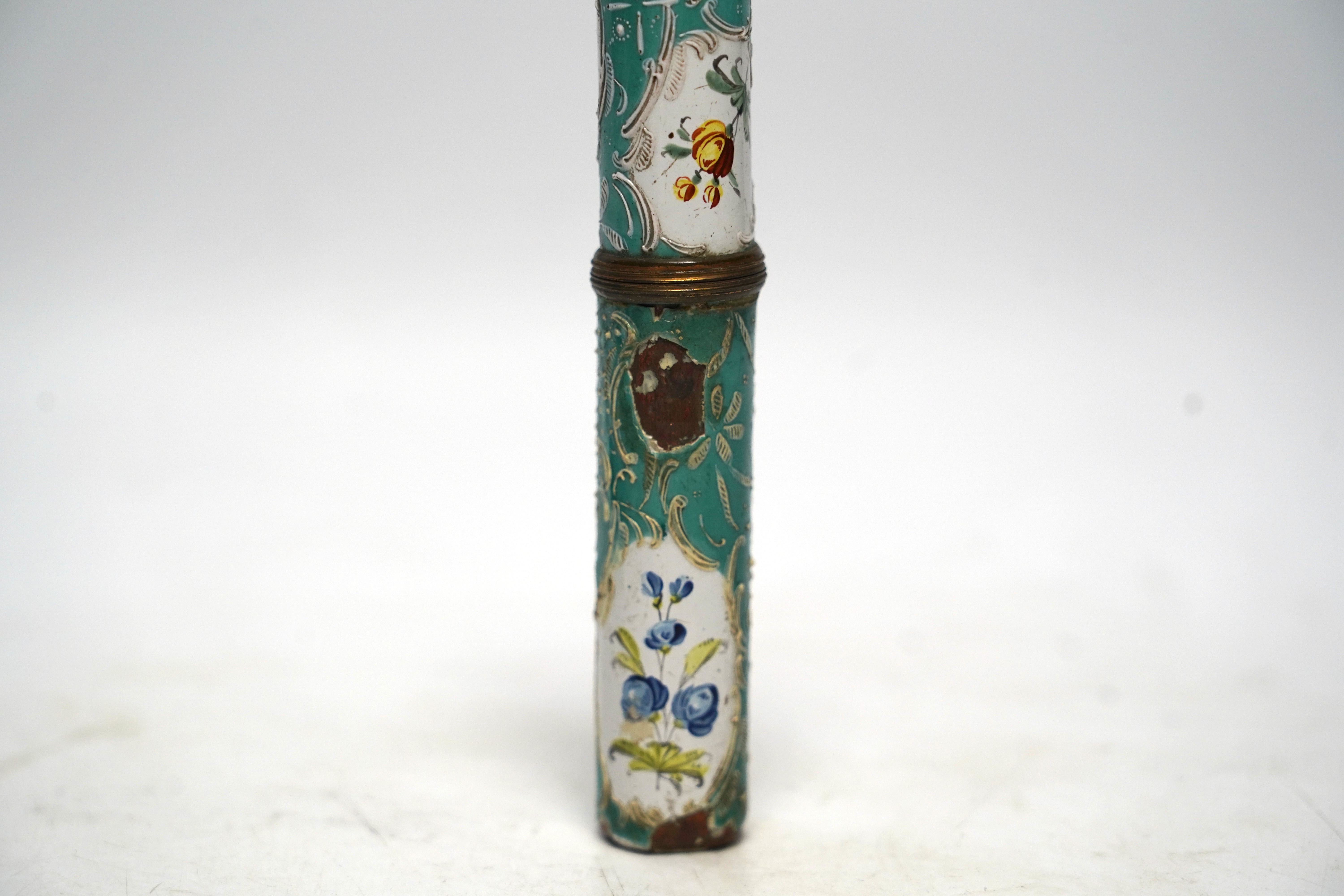 A South Staffordshire enamel bodkin case, 9cm wide, and three other enamel items; a patch box, thread holder and box with hinged cover.